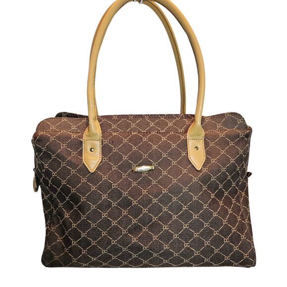 Pierre Cardin Travel Laptop Tote Briefcase Canvas Brown Tan 2 top handles VTG - Picture 1 of 10